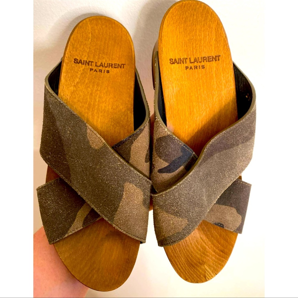 Saint Laurent Camo Open Toe Wood Clog Block Heel Sandal Slides 39
